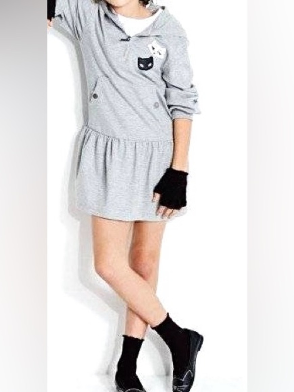 Karl Lagerfeld Light Grey Hooded Kids Nightgown with Cat Patch Details